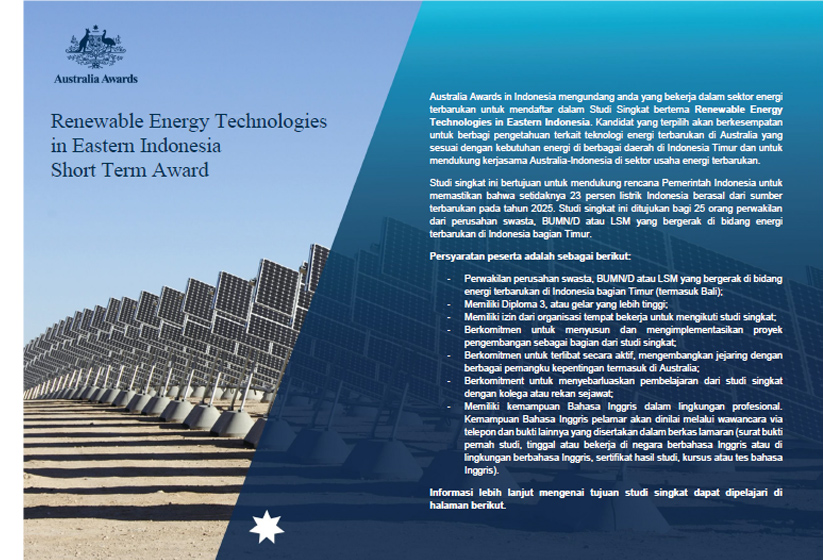 Applications Open for the 2019 Renewable Energy Technologies in Eastern Indonesia Short Term Award